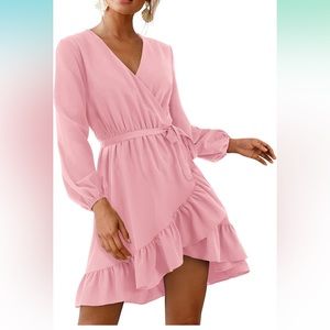 Amoretu Long Sleeve Wrap V Neck Ruffle Hem Mini  Dress XL